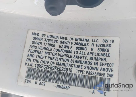 2019 Honda Civic Lx из США, поврежденный, VIN 19XFC2F69KE024915